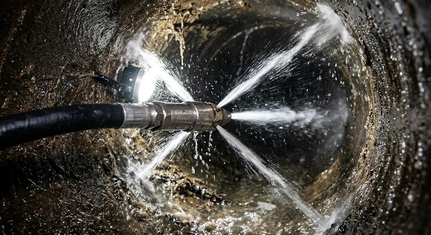 High-pressure hydro jetting nozzle cleaning sewer pipe for Storm Drain Cleaning in Philomath
