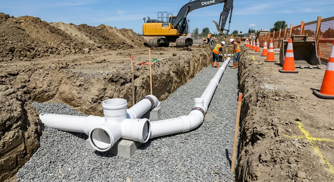 New PVC sewer pipe installation in open trench for Sewer Backup in Philomath