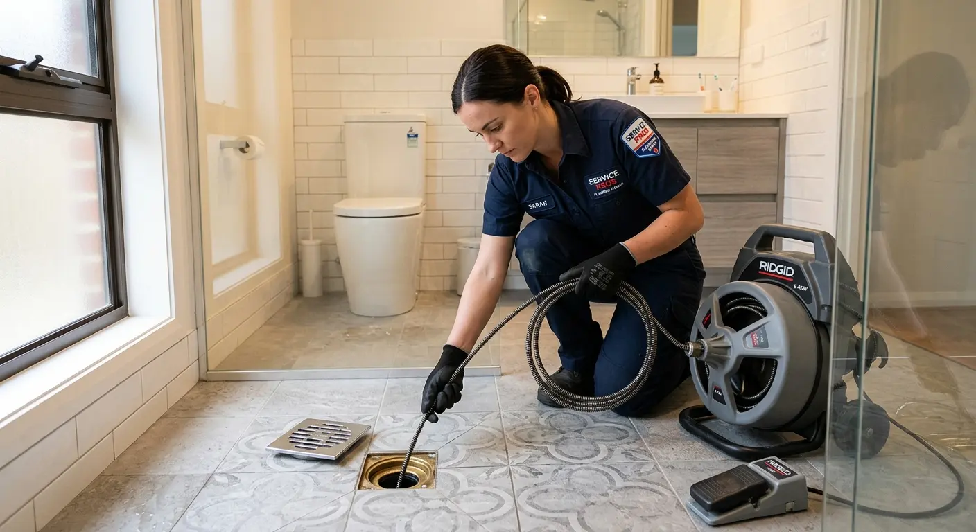 Technician clearing a bathroom floor drain for Drain Repair in Philomath